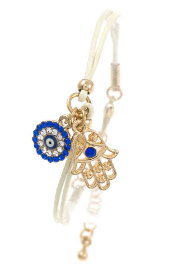 Hamsa and round evil eye charm cord bracelet