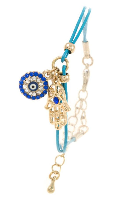 Hamsa and round evil eye charm cord bracelet