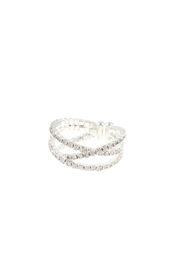 Intertwined multi row rhinestone ring