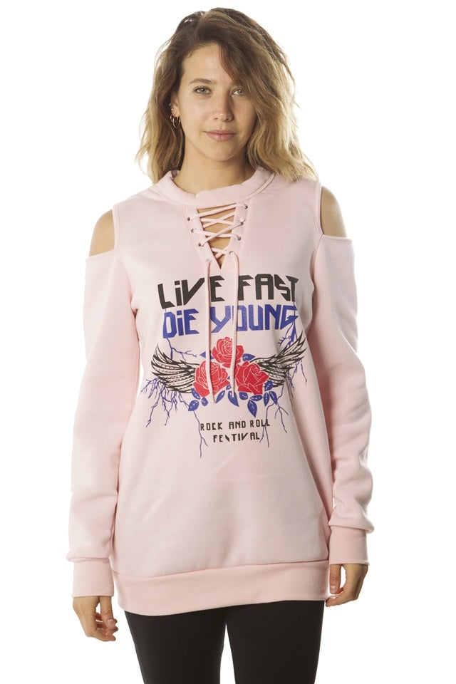 Ladies fashion  sweatshirt cold shoulder mini dress tops, pullover, embellished w/ applique