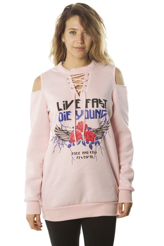 Ladies fashion  sweatshirt cold shoulder mini dress tops, pullover, embellished w/ applique