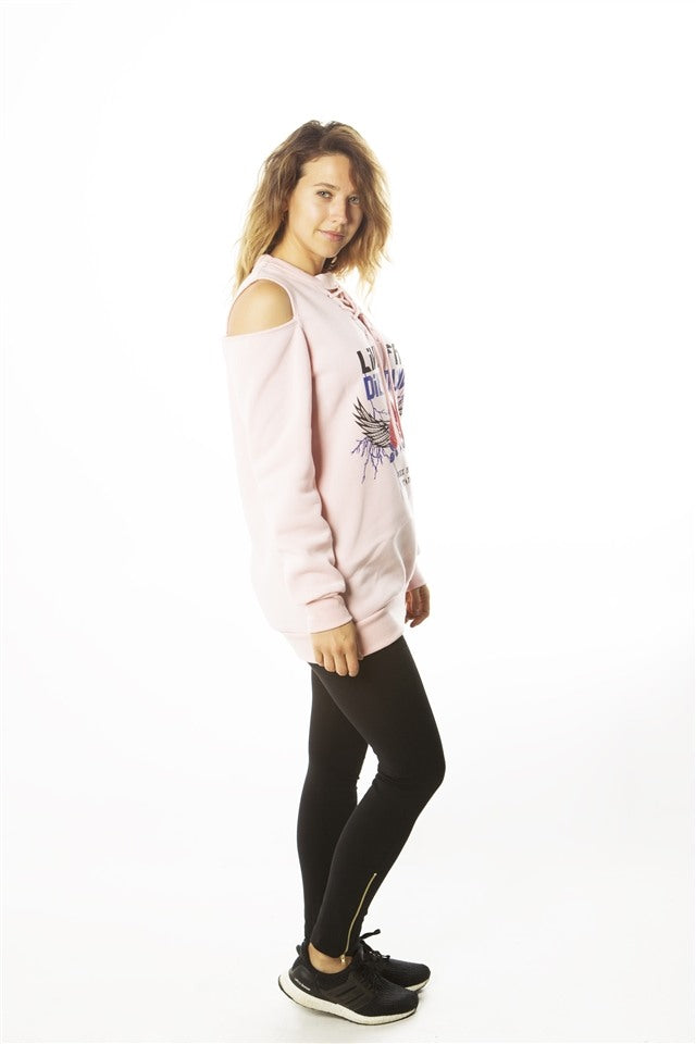 Ladies fashion  sweatshirt cold shoulder mini dress tops, pullover, embellished w/ applique