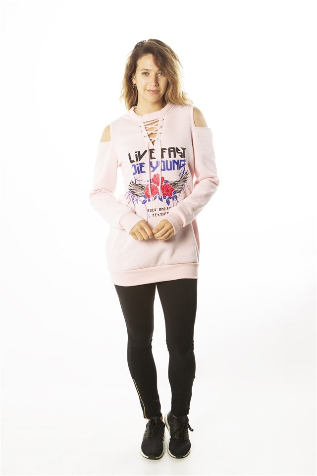 Ladies fashion  sweatshirt cold shoulder mini dress tops, pullover, embellished w/ applique
