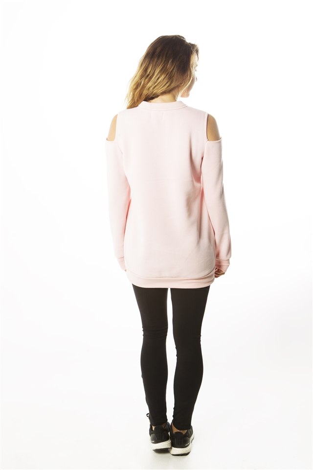 Ladies fashion  sweatshirt cold shoulder mini dress tops, pullover, embellished w/ applique