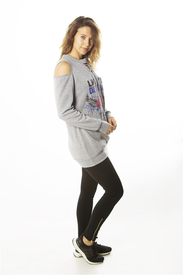 Ladies fashion  sweatshirt cold shoulder mini dress tops, pullover, embellished w/ applique