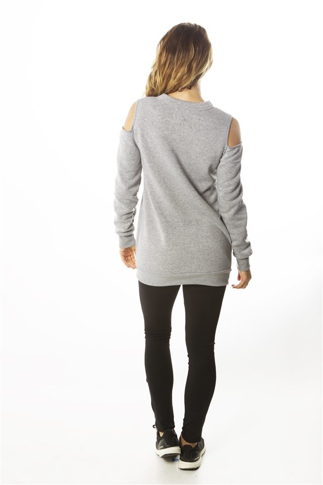Ladies fashion  sweatshirt cold shoulder mini dress tops, pullover, embellished w/ applique