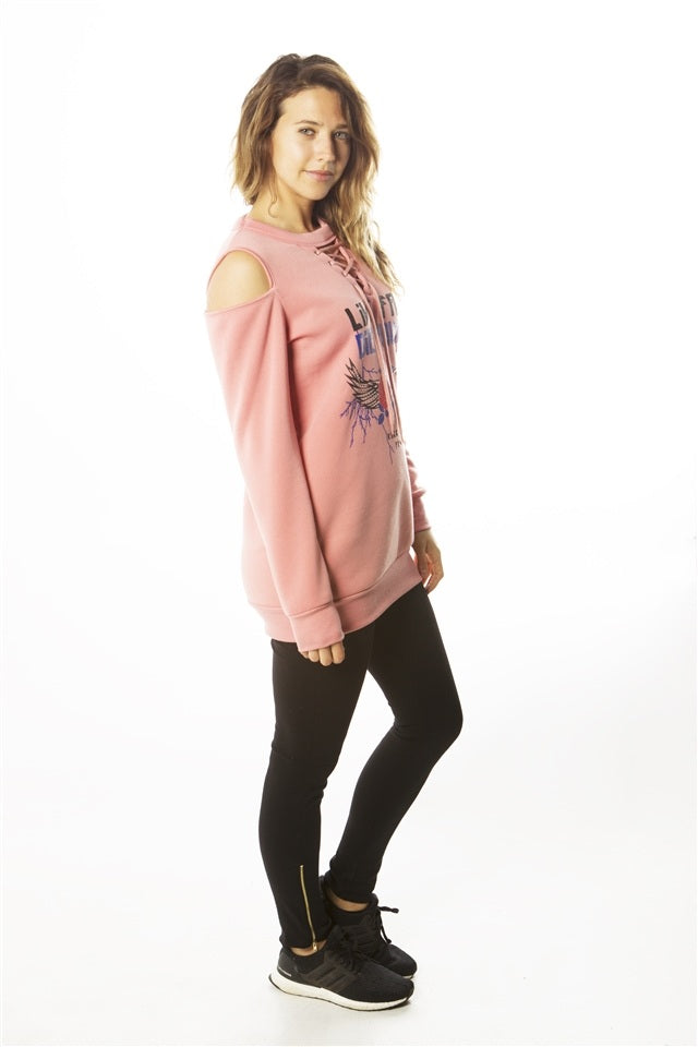 Ladies fashion  sweatshirt cold shoulder mini dress tops, pullover, embellished w/ applique