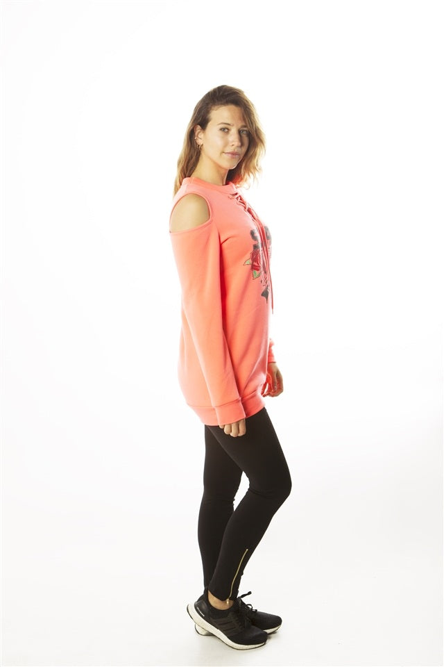 Ladies fashion sweatshirt cold shoulder mini dress hoodies-tops, pullover, embellished w/ applique