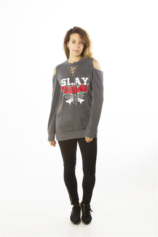 Ladies fashion sweatshirt cold shoulder mini dress hoodies-tops, pullover, embellished w/ applique