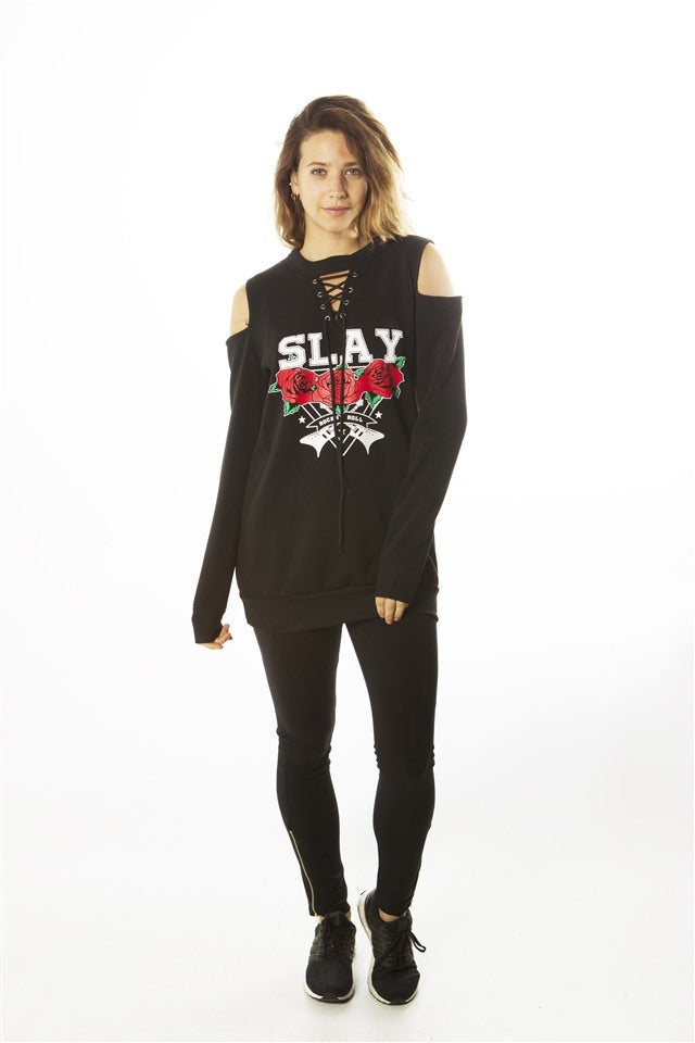 Ladies fashion sweatshirt cold shoulder mini dress hoodies-tops, pullover, embellished w/ applique