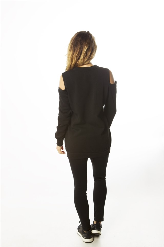 Ladies fashion sweatshirt cold shoulder mini dress hoodies-tops, pullover, embellished w/ applique