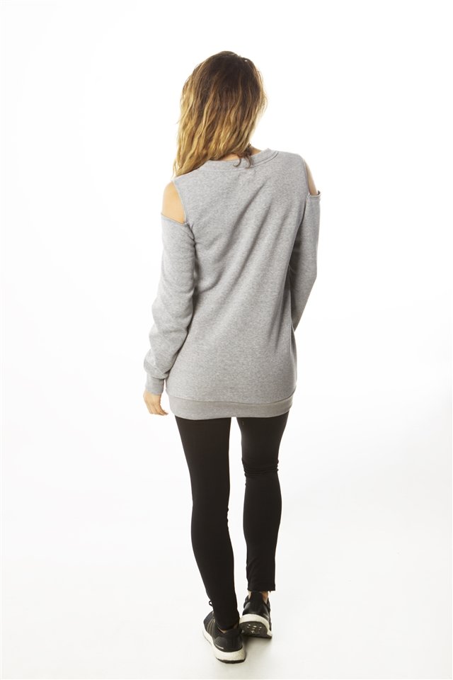 Ladies fashion sweatshirt cold shoulder mini dress hoodies-tops, pullover, embellished w/ applique