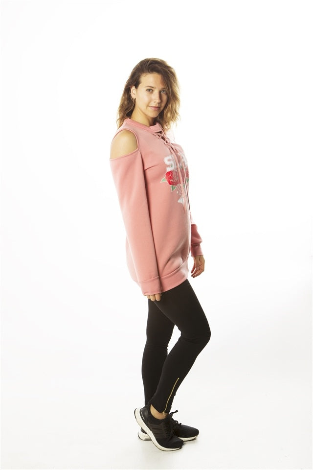 Ladies fashion sweatshirt cold shoulder mini dress hoodies-tops, pullover, embellished w/ applique