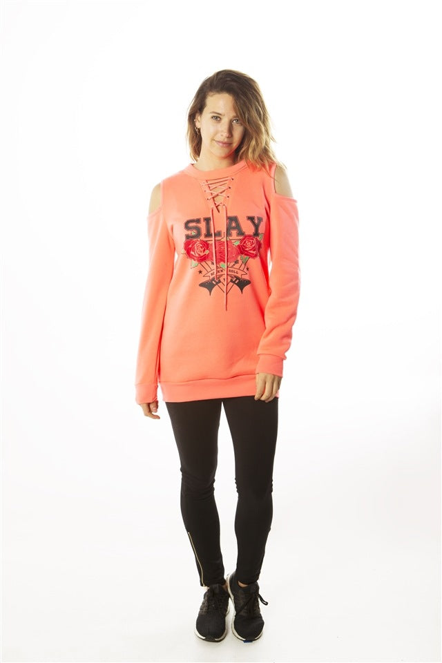 Ladies fashion sweatshirt cold shoulder mini dress hoodies-tops, pullover, embellished w/ applique