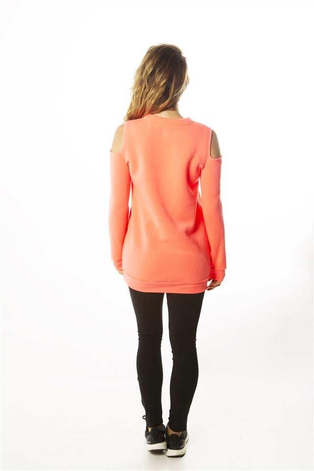 Ladies fashion sweatshirt cold shoulder mini dress hoodies-tops, pullover, embellished w/ applique