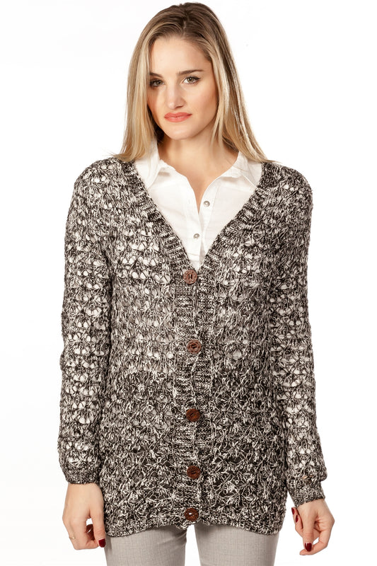 Ladies fashion button down closure crochet knitted color-block cardigan
