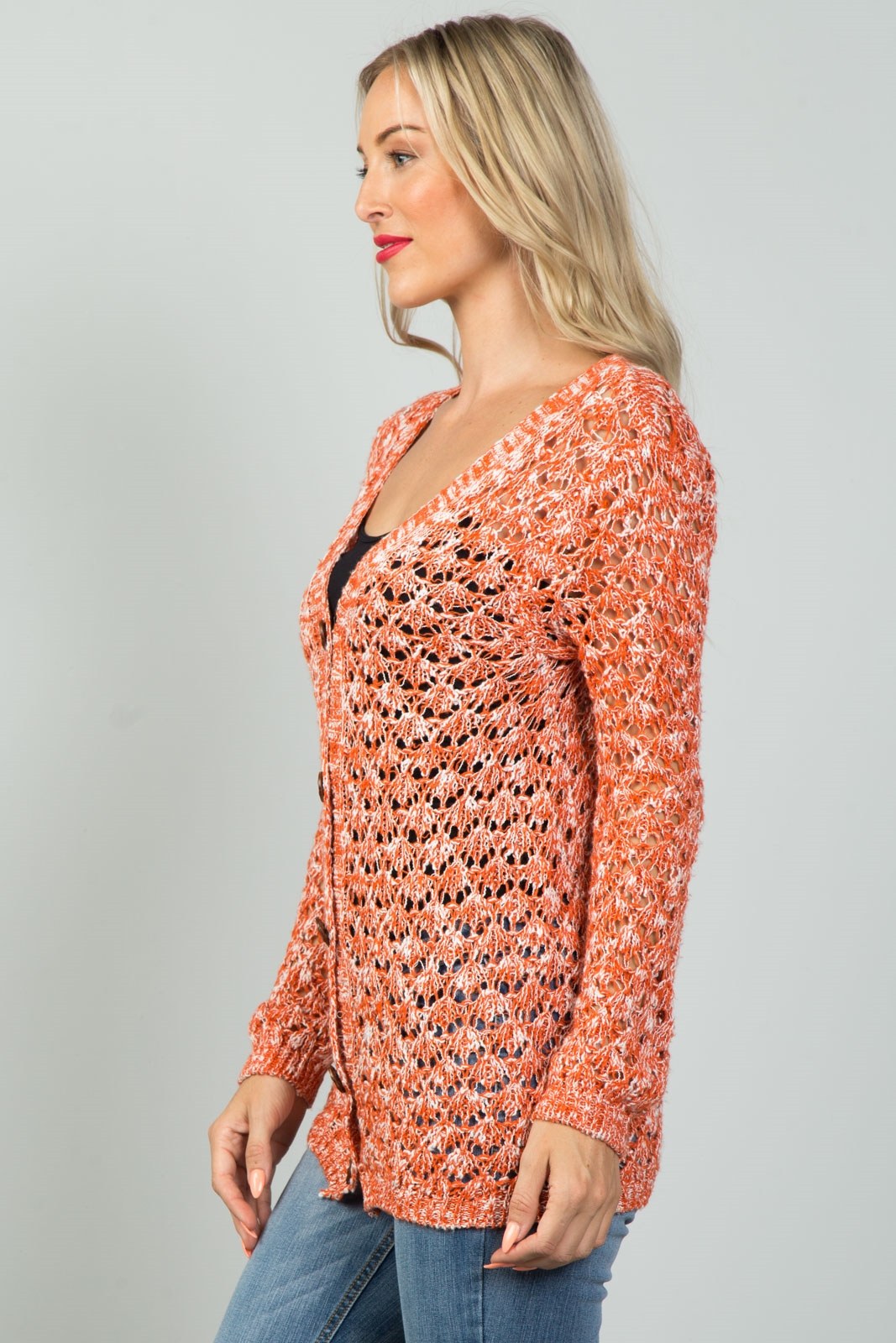 Ladies fashion button down closure crochet knitted color-block cardigan
