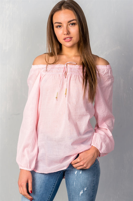 Ladies fashion self tie neckline contemporary elastic off the shoulder top
