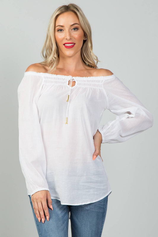 Ladies fashion self tie neckline contemporary elastic off the shoulder top