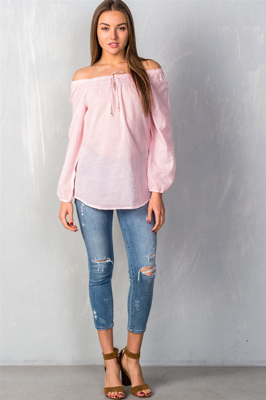 Ladies fashion self tie neckline contemporary elastic off the shoulder top