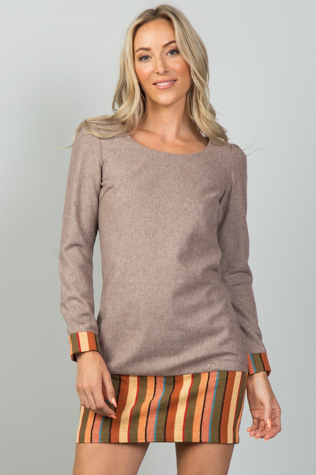 Ladies fashion taupe contrast hem mini dress