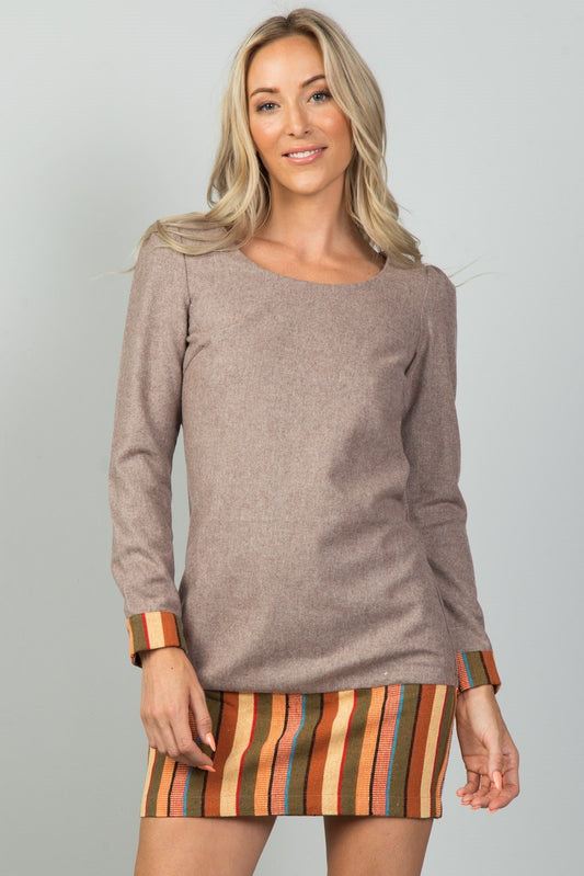 Ladies fashion taupe contrast hem mini dress