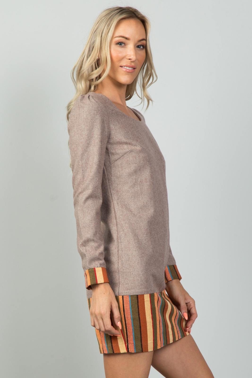 Ladies fashion taupe contrast hem mini dress