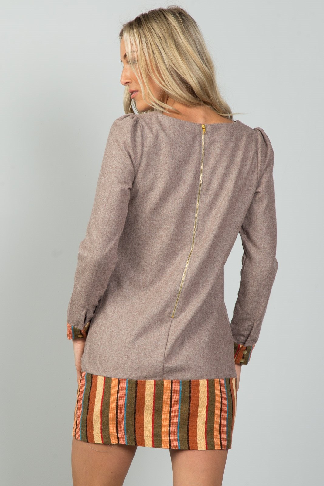 Ladies fashion taupe contrast hem mini dress