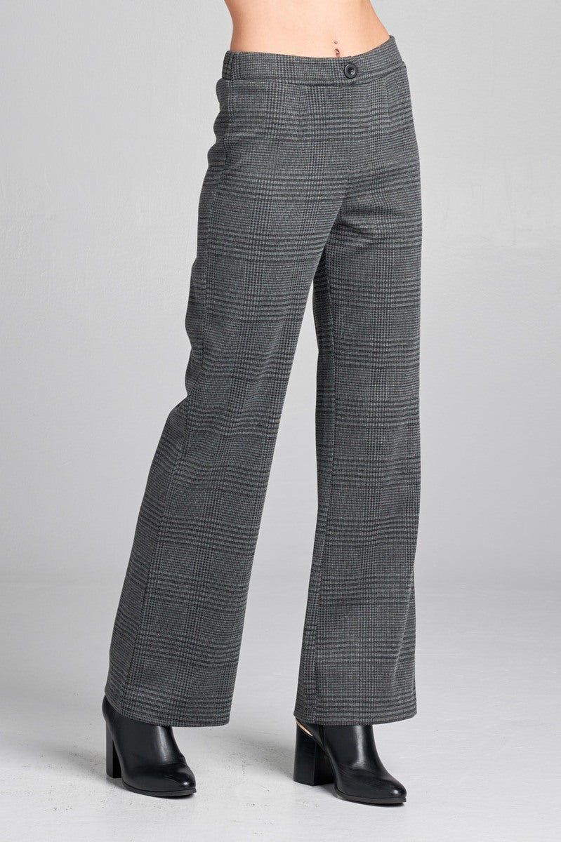 Ladies fashion waist band w/button long wide check pants