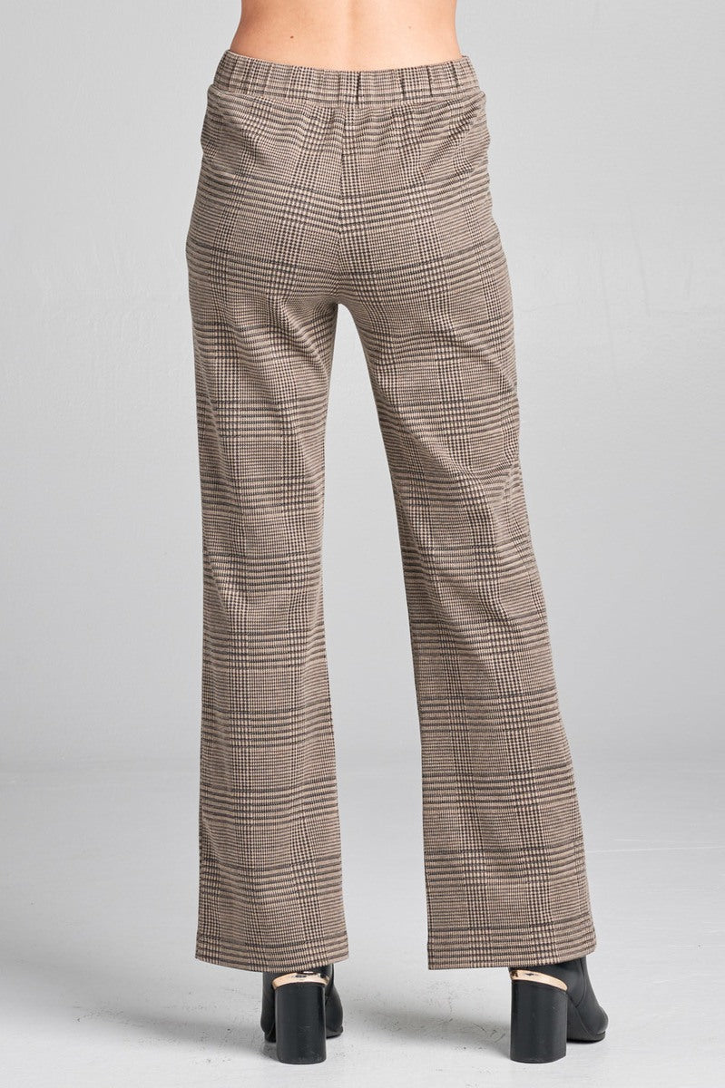 Ladies fashion waist band w/button long wide check pants