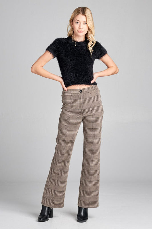 Ladies fashion waist band w/button long wide check pants