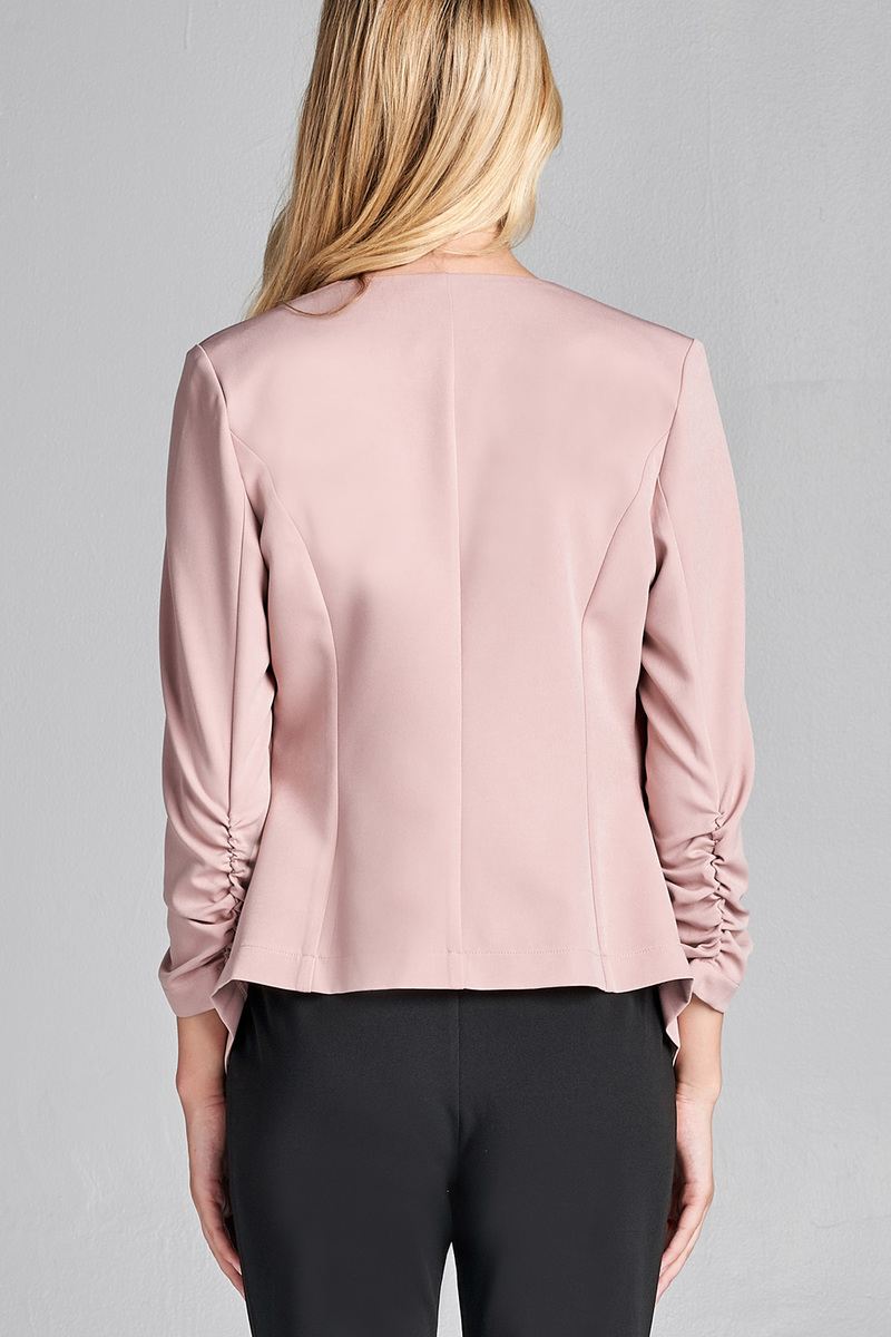 Ladies fashion 3/4 shirring sleeve open front woven jacket
