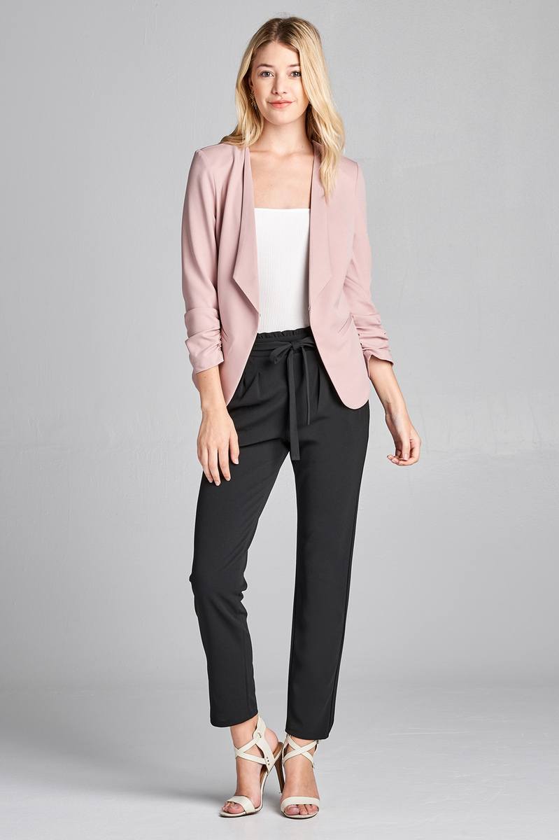 Ladies fashion 3/4 shirring sleeve open front woven jacket