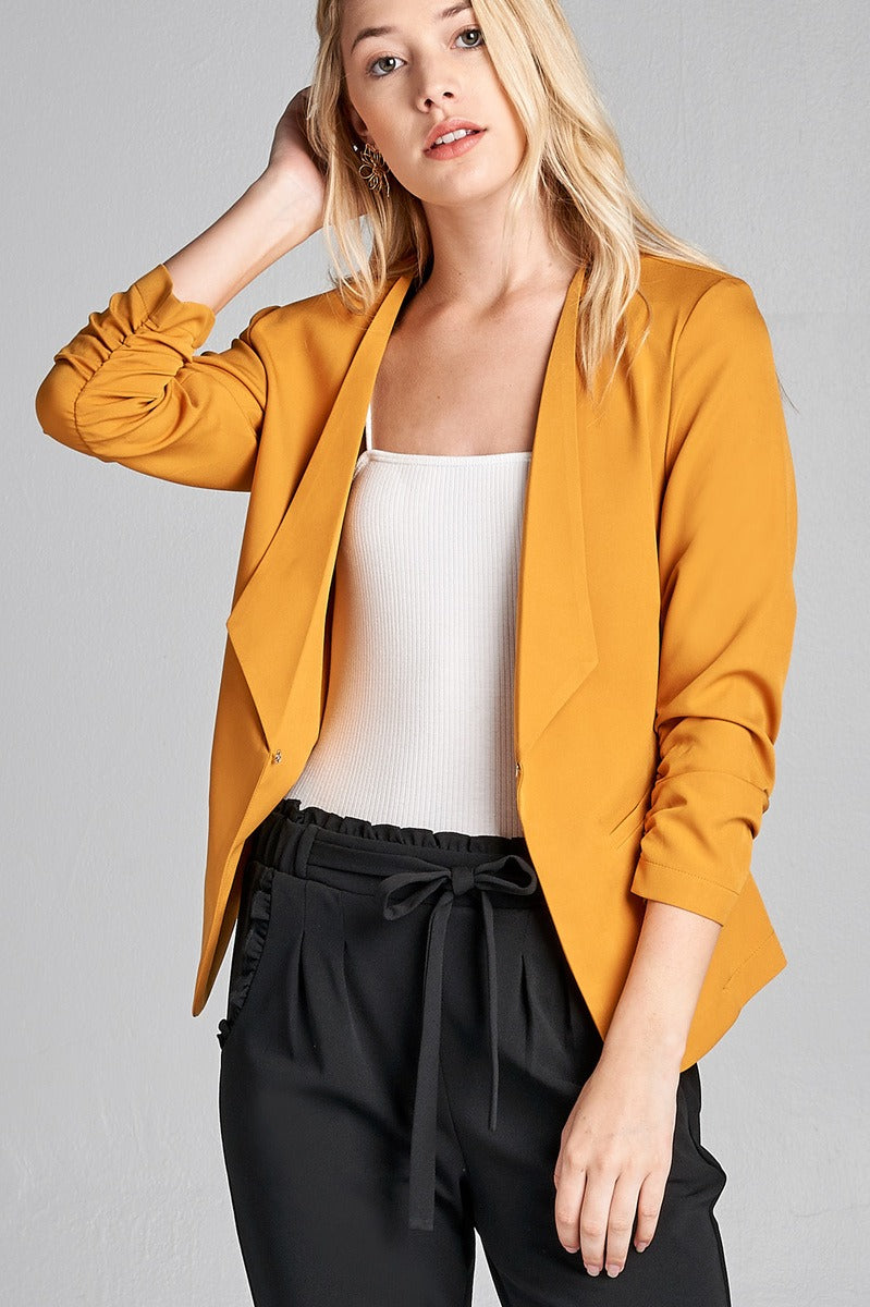 Ladies fashion 3/4 shirring sleeve open front woven jacket