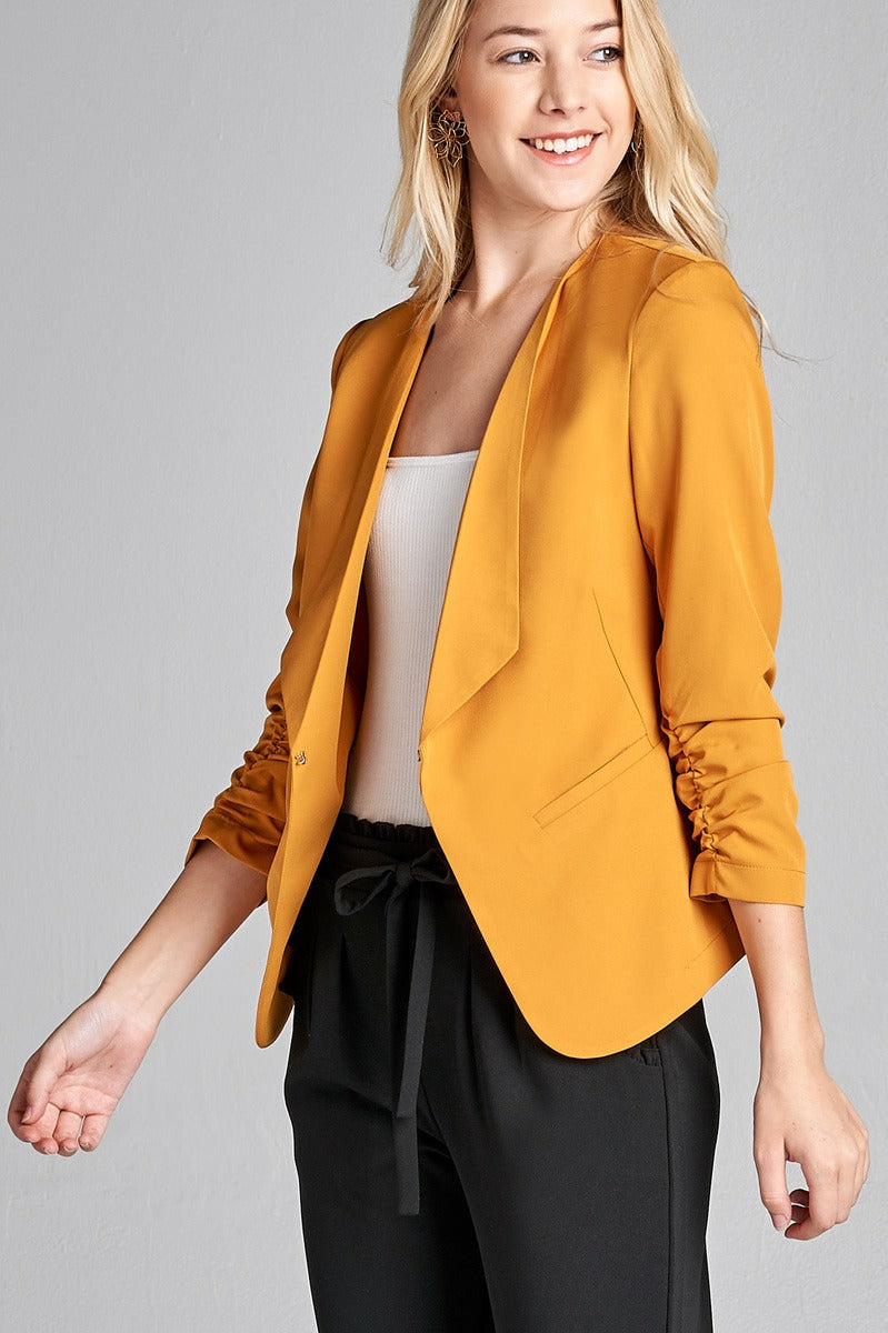 Ladies fashion 3/4 shirring sleeve open front woven jacket