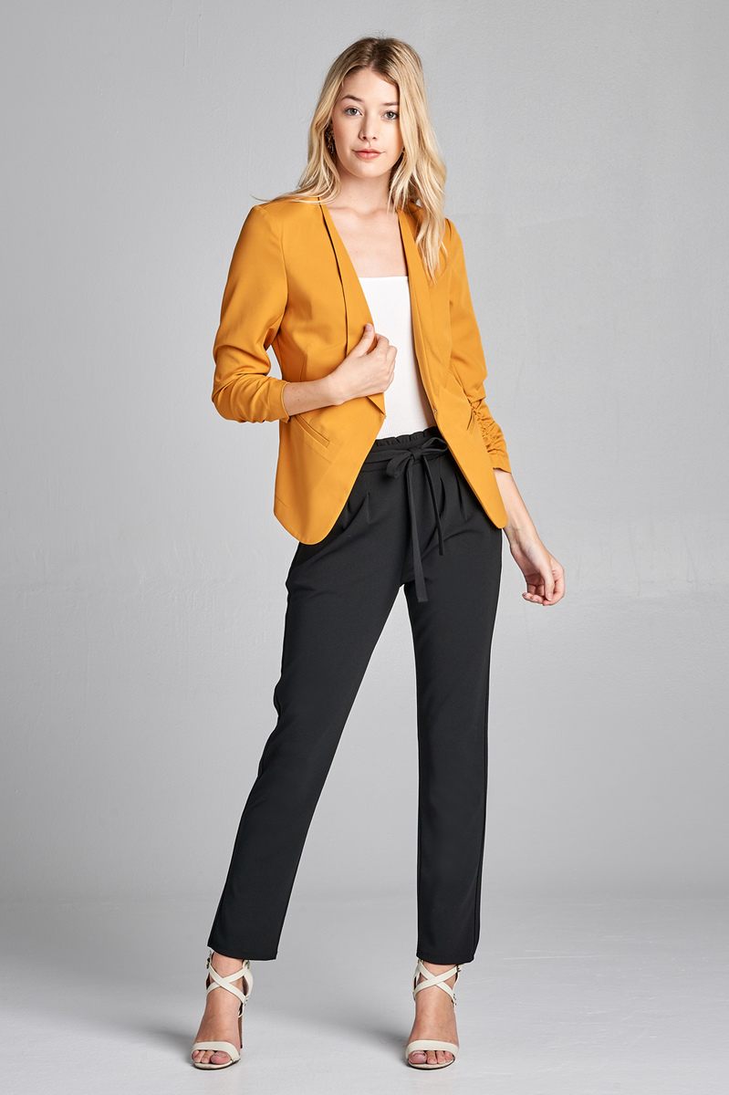 Ladies fashion 3/4 shirring sleeve open front woven jacket