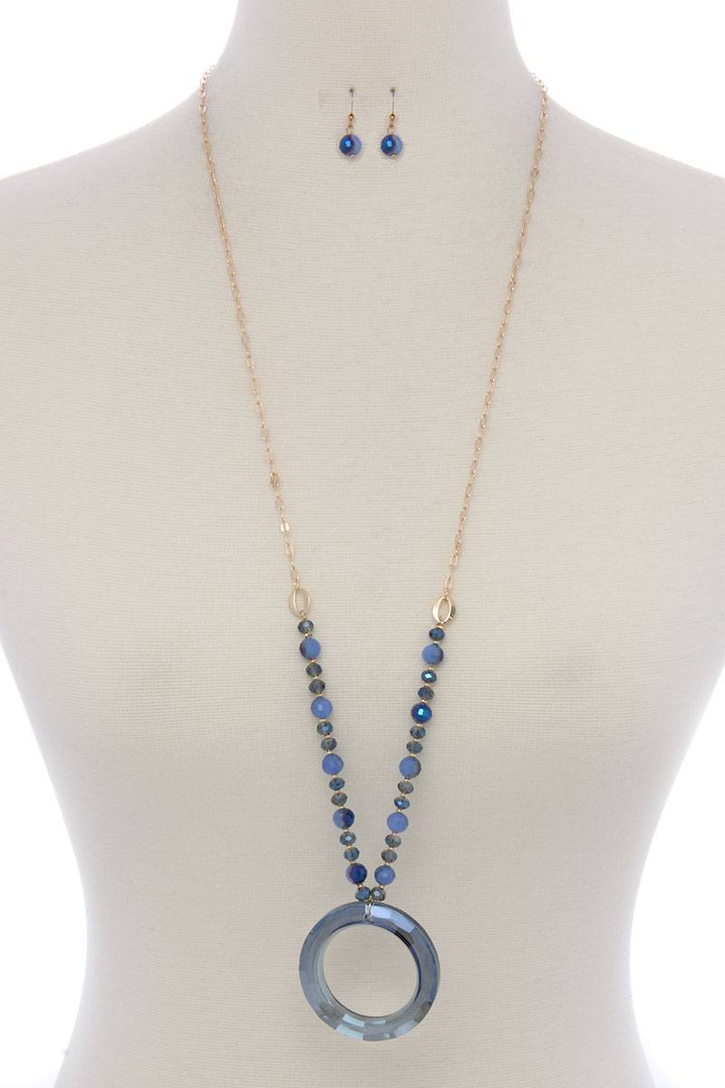 Textured circle pendant beaded long necklace