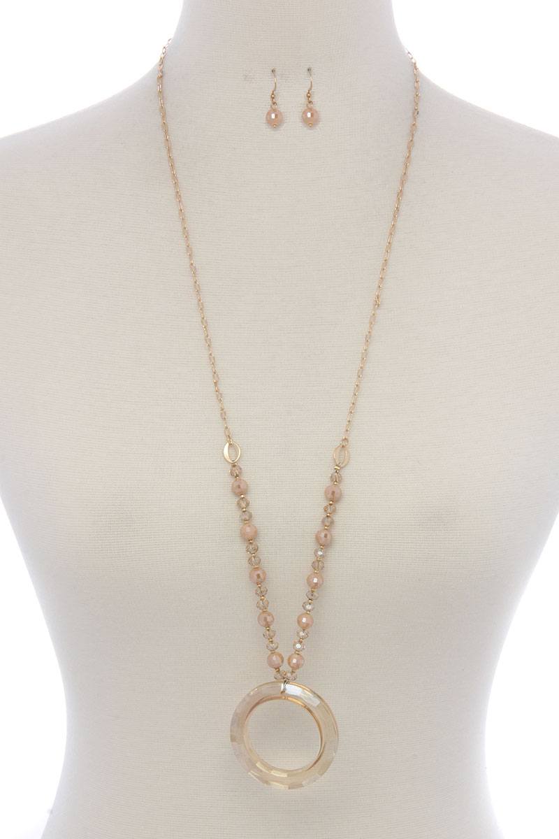 Textured circle pendant beaded long necklace