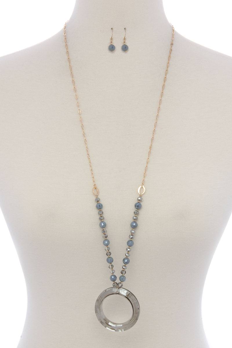 Textured circle pendant beaded long necklace