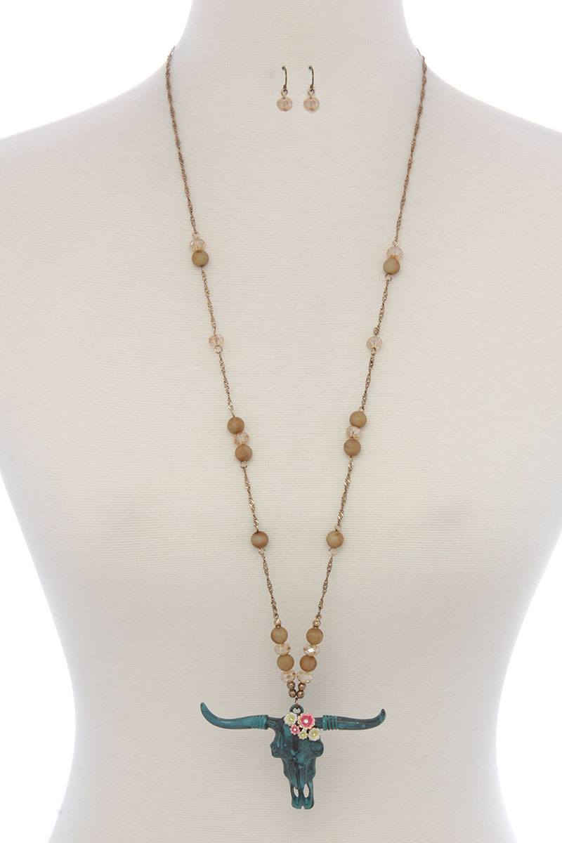 Floral cattle skull pendant beaded necklace