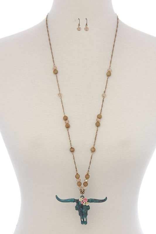 Floral cattle skull pendant beaded necklace