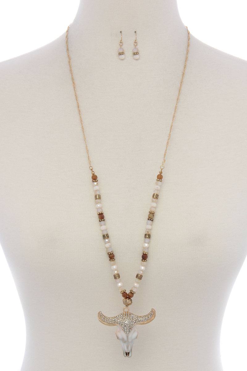 Cattle skull rhinestone pendant beaded necklace