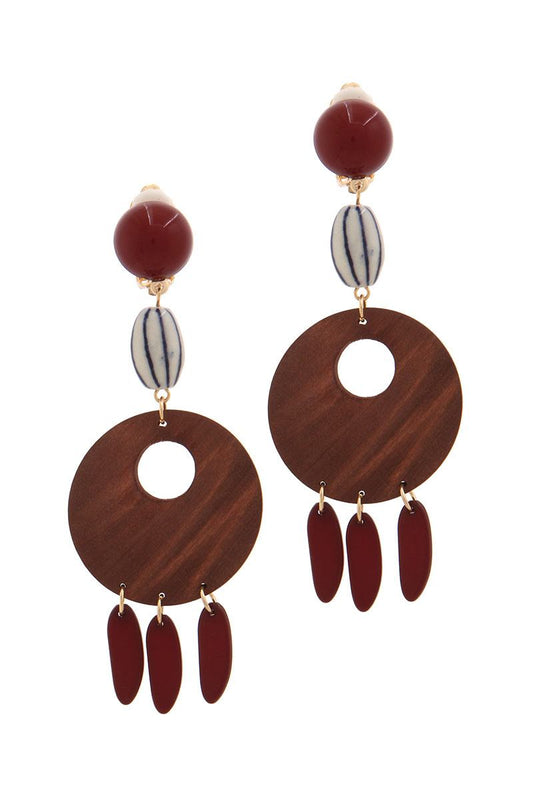Cut out circle wood bead drop earring