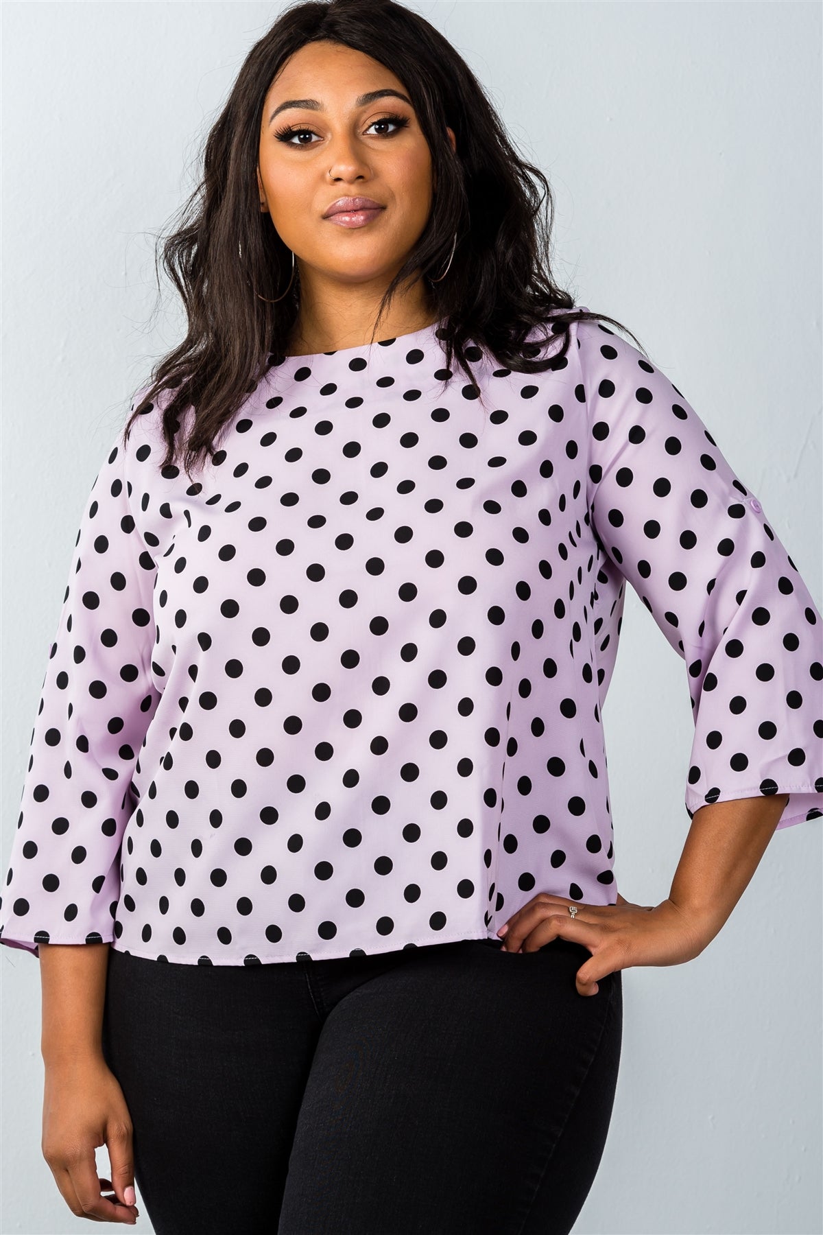 Ladies fashion plus size roll-up sleeve polka dot print top