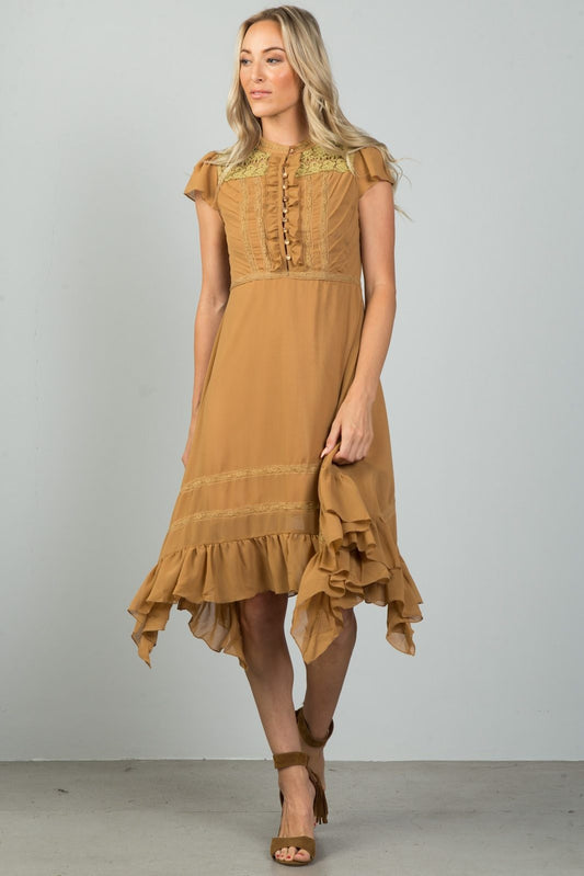 Ladies fashion camel ruffle hem peasant dress