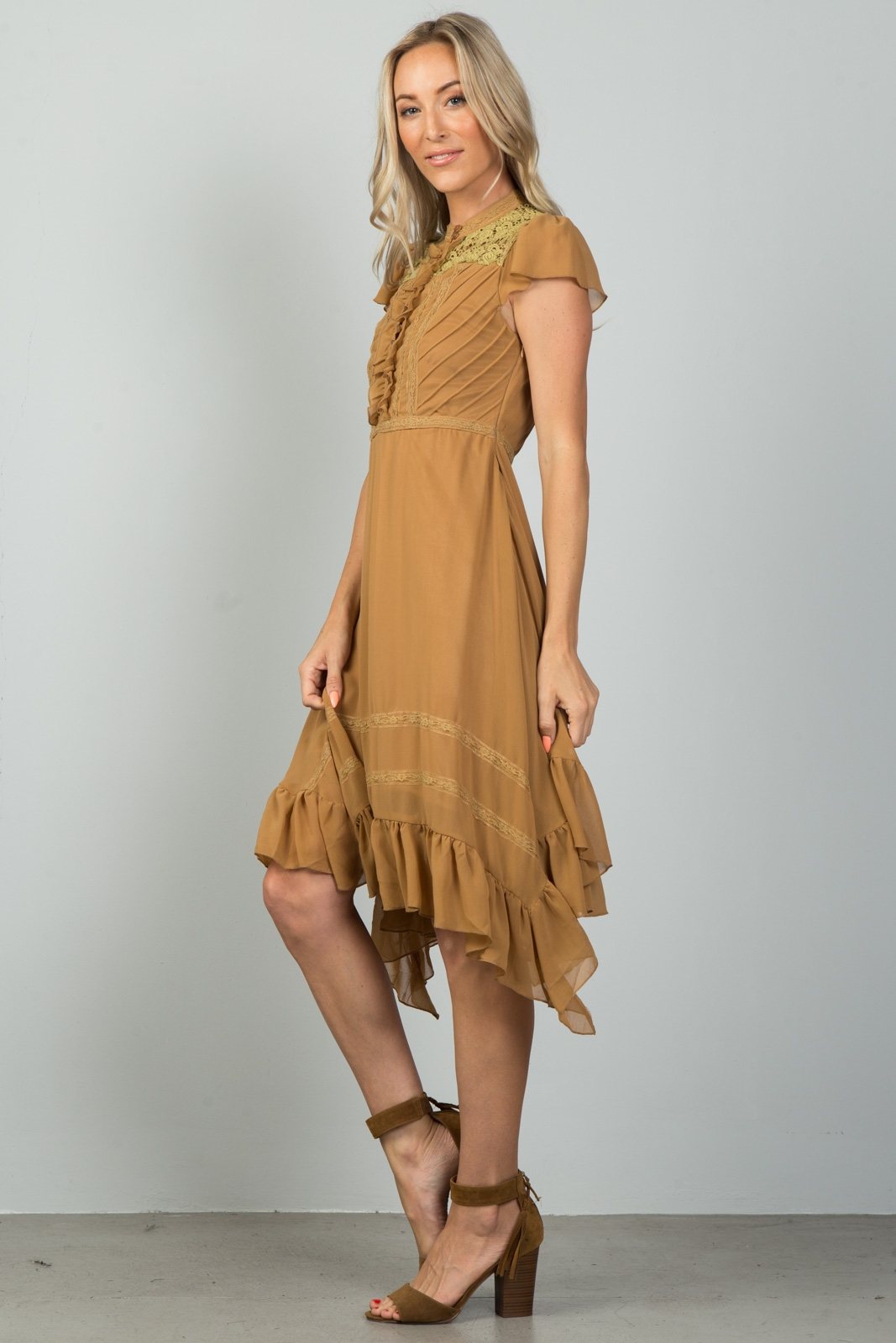 Ladies fashion camel ruffle hem peasant dress