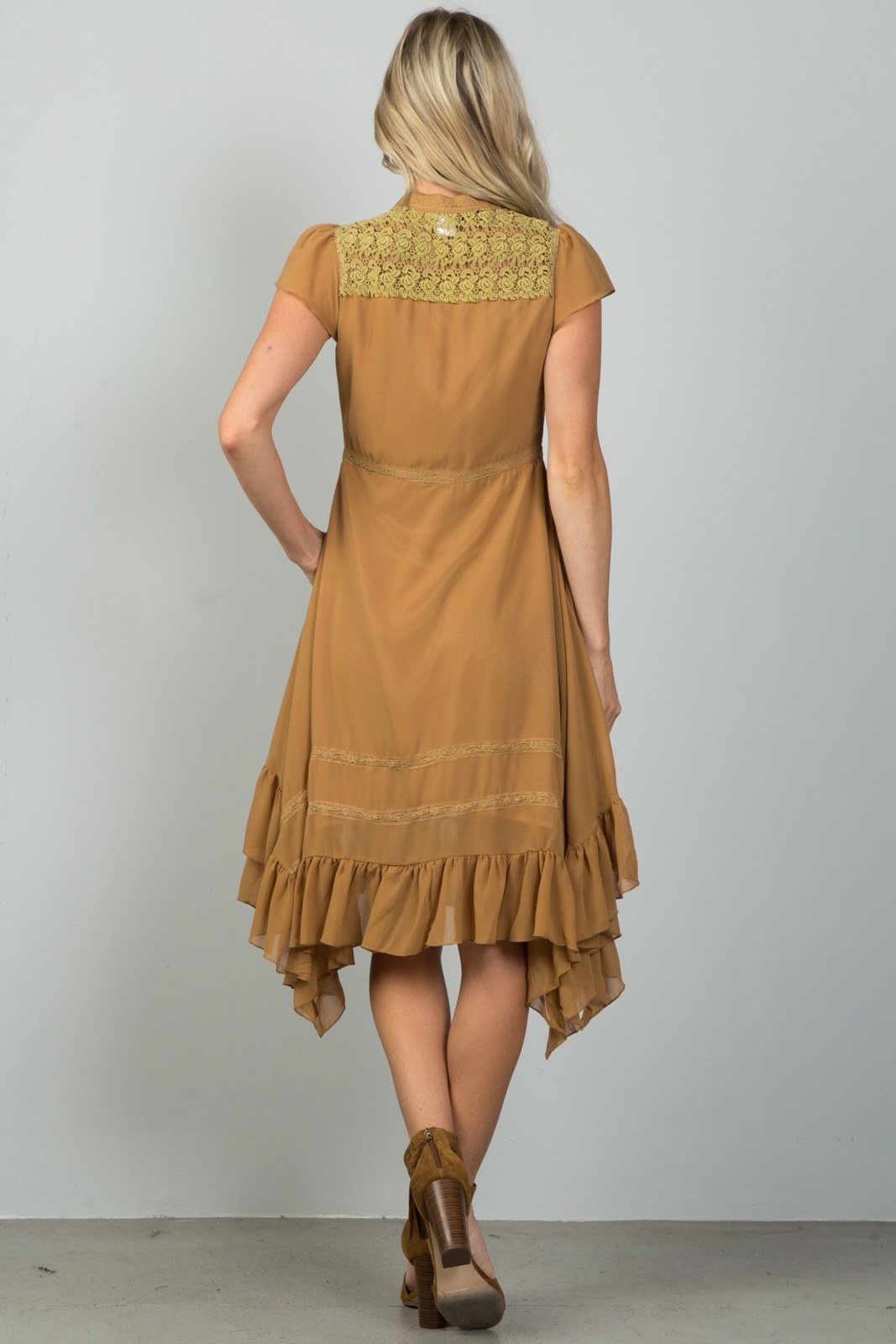 Ladies fashion camel ruffle hem peasant dress