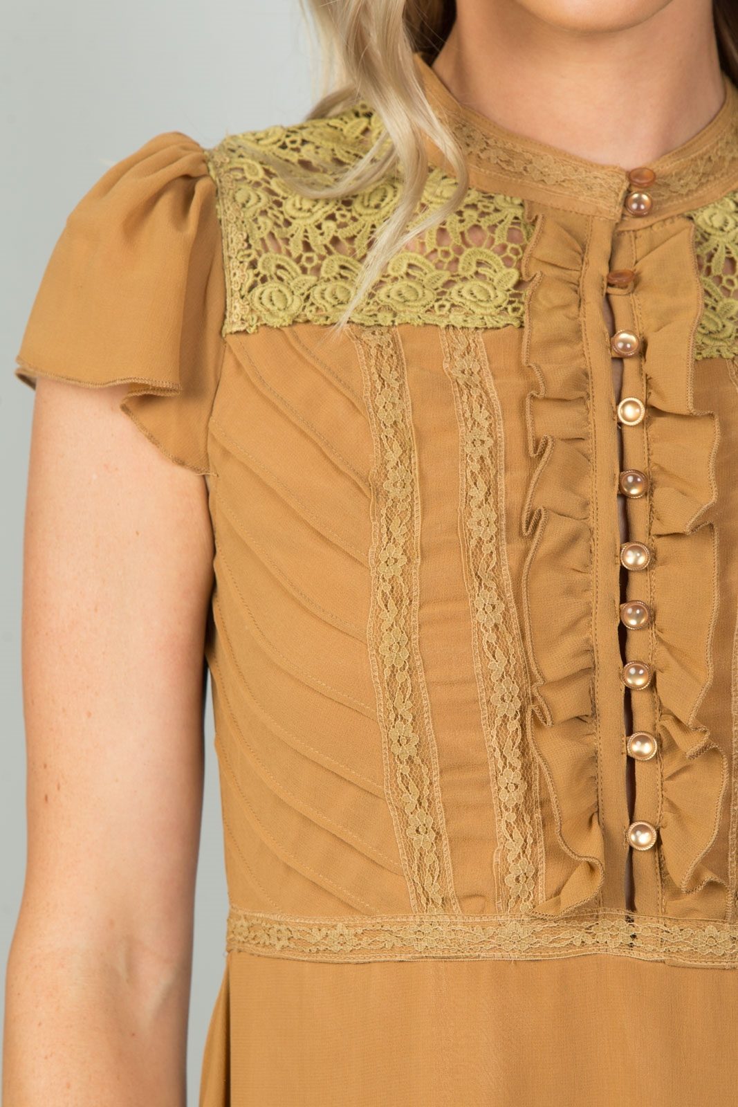 Ladies fashion camel ruffle hem peasant dress