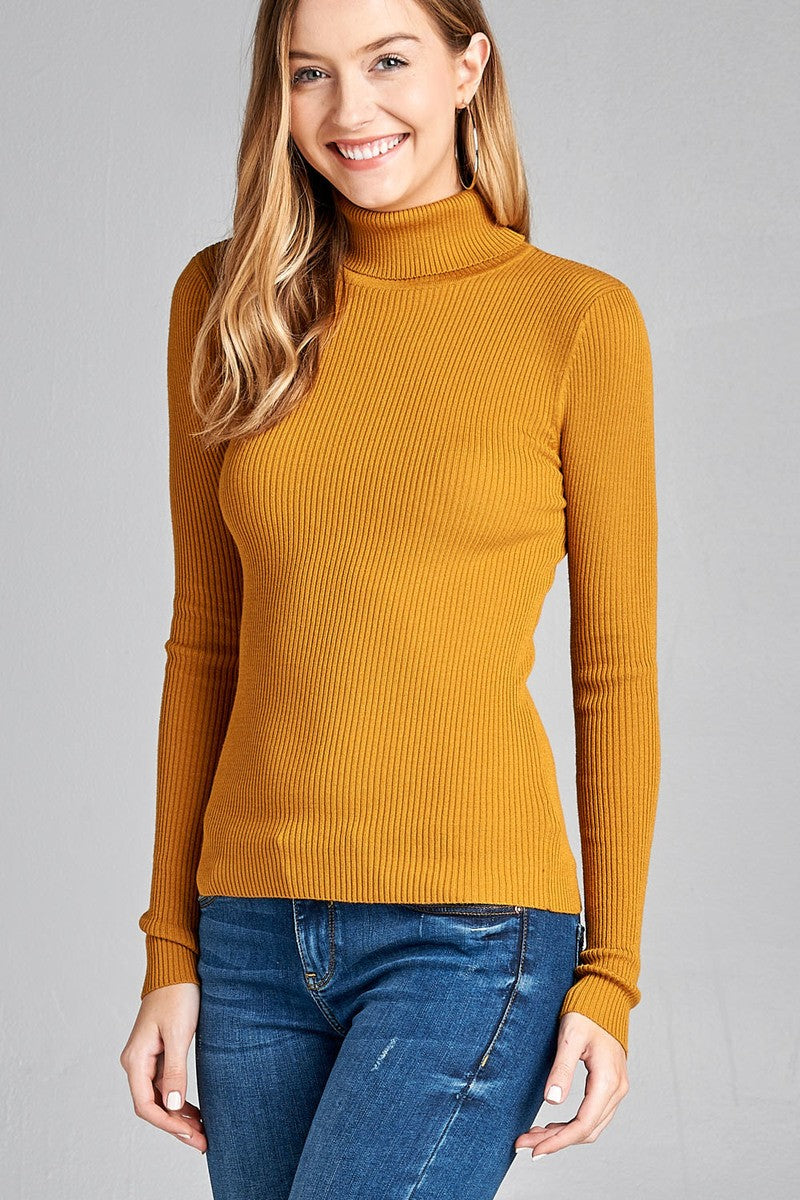 Ladies fashion plus size long sleeve turtle neck fitted rib sweater top