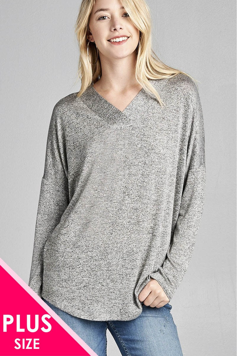 Ladies fashion plus size long sleeve v-neck two tone hacci tunic top